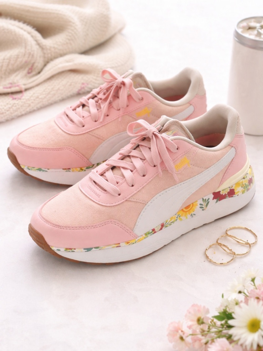 Puma Floral Platform Sneakers Pink Canvas SoftFoam+ Women’s 9.5